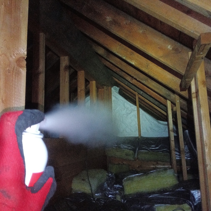 屋根裏に忌避剤を散布する様子