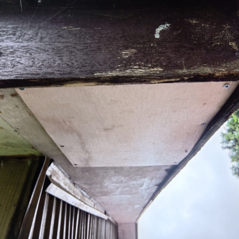 軒下の破損箇所を板で封鎖