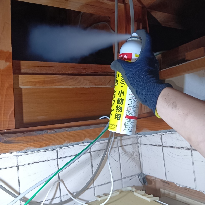 屋根裏に忌避スプレーを散布