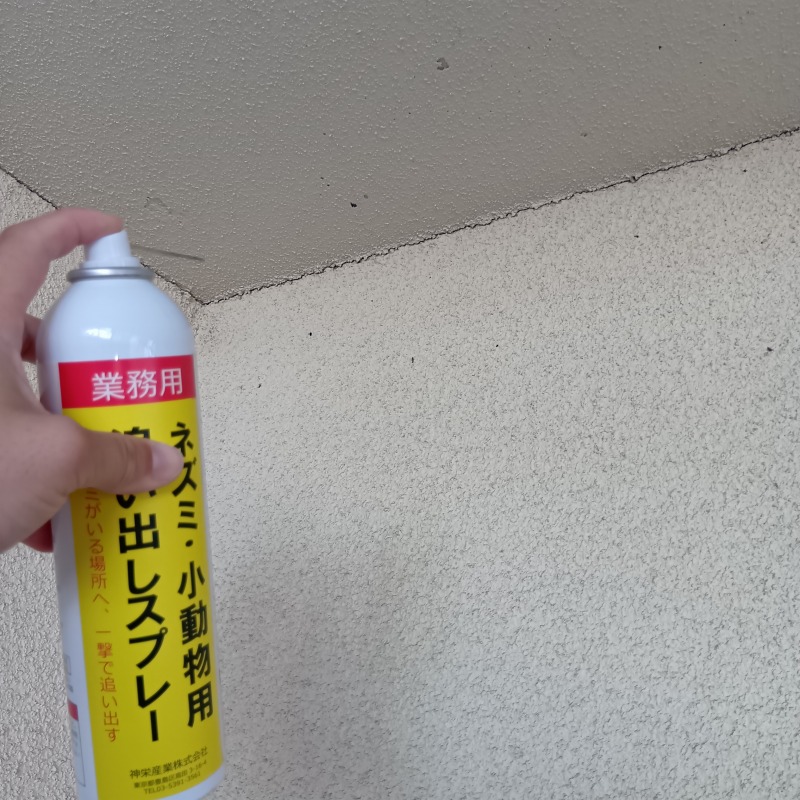 外壁のつなぎ目のすき間から忌避スプレーを散布