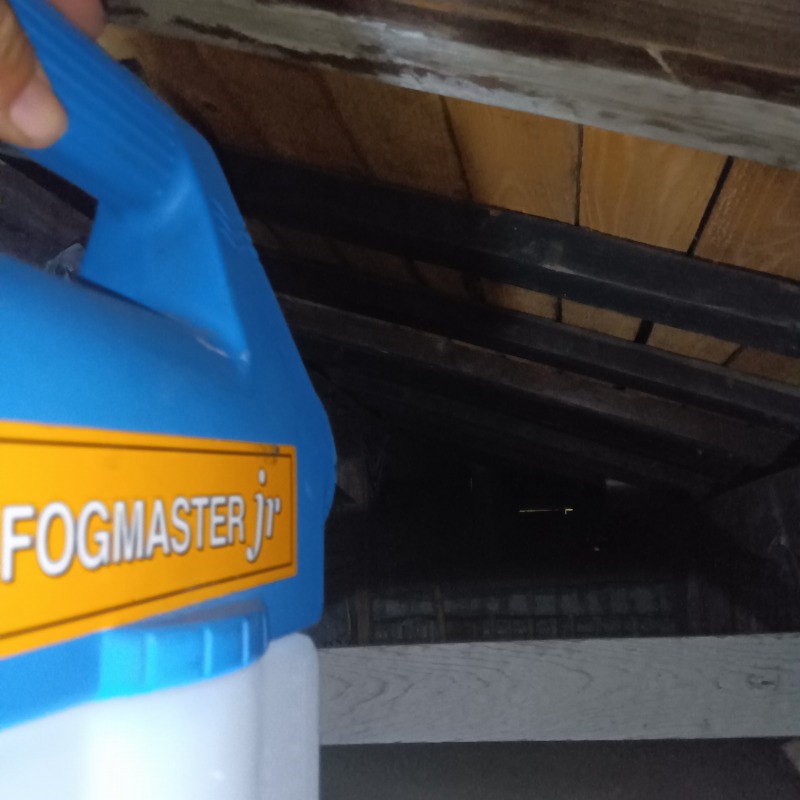 屋根裏に噴霧器で薬剤を散布