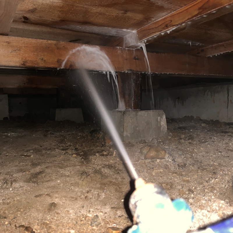 床下の木材にシロアリ駆除剤を散布