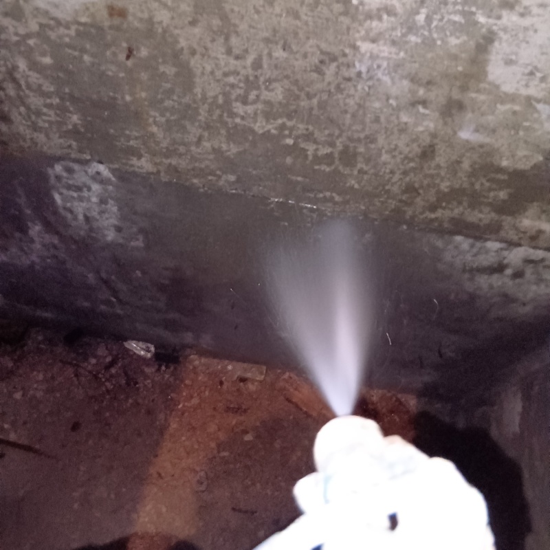 床下の土台に防蟻剤を散布