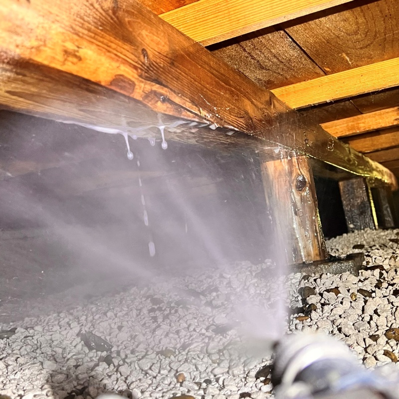 床下の木材にシロアリ駆除剤を散布