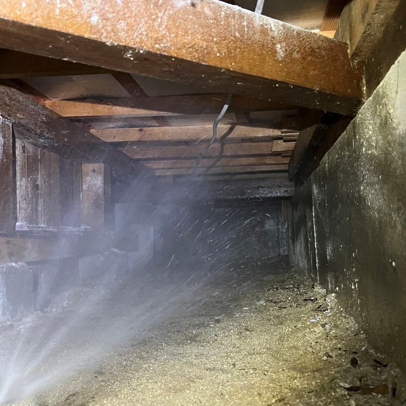 床下の木材にシロアリ駆除剤を散布