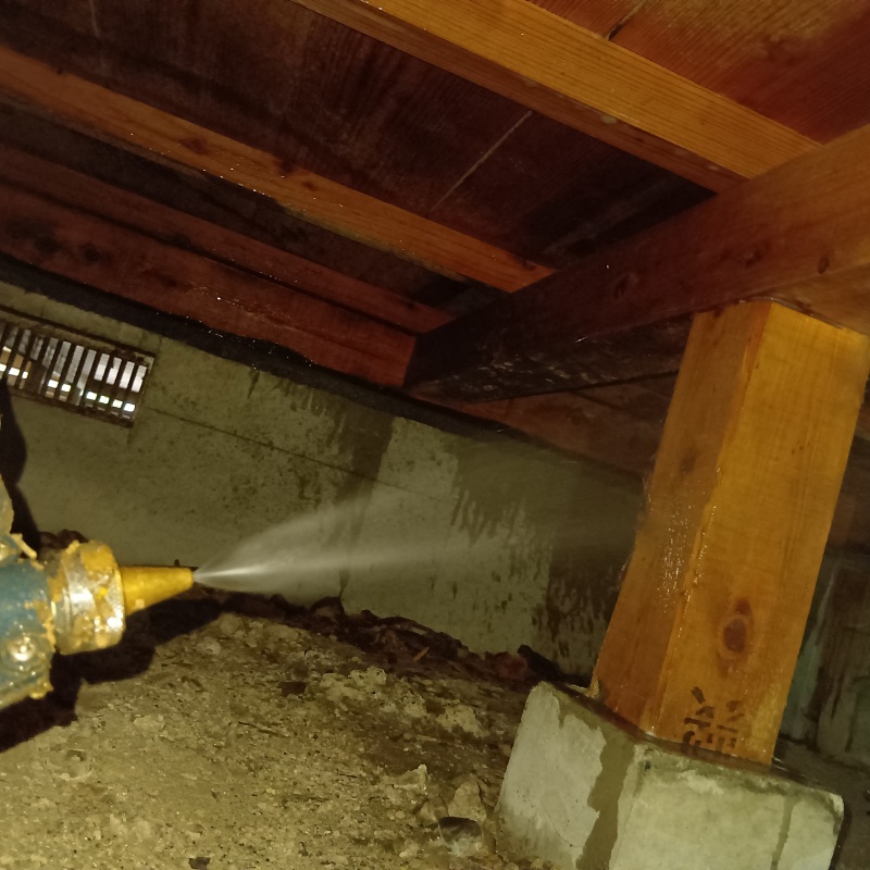 床下の木材にシロアリ駆除剤を吹きつけている様子