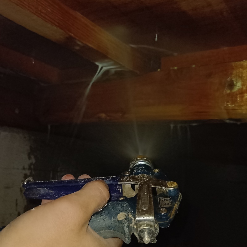 木材に防蟻剤を散布している様子