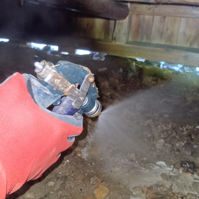 地面にシロアリ駆除剤を散布