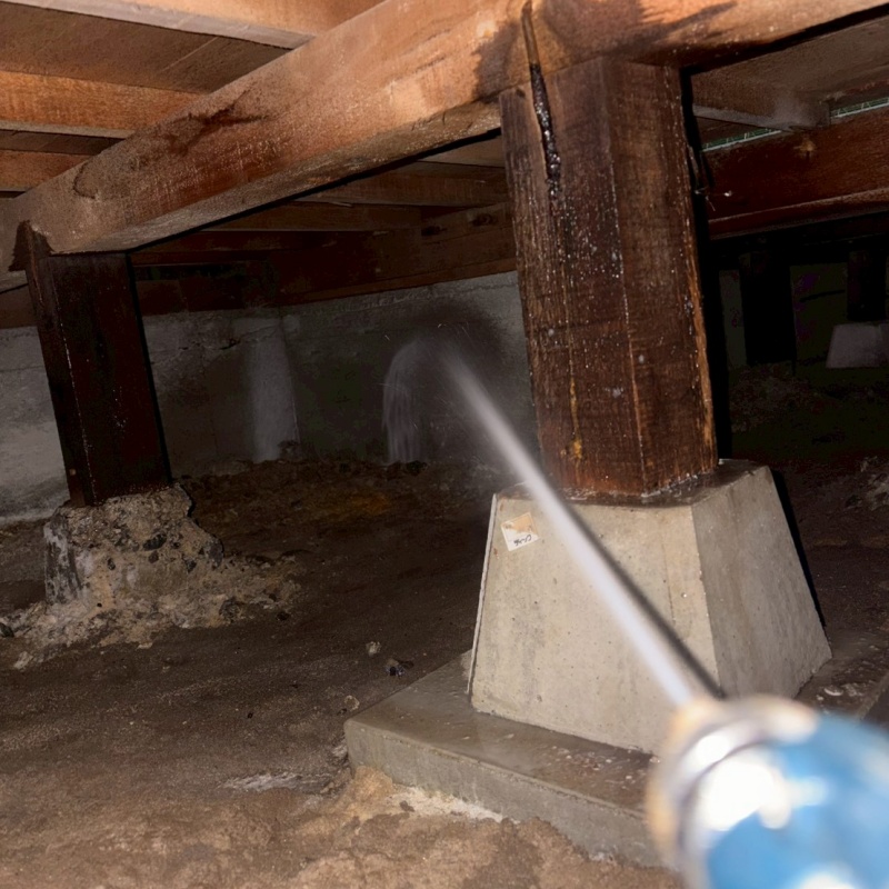 床下の木材にシロアリ駆除剤を散布