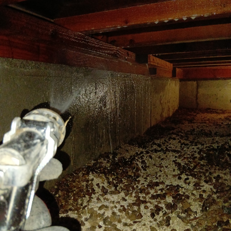 床下の木材にシロアリ駆除剤を散布