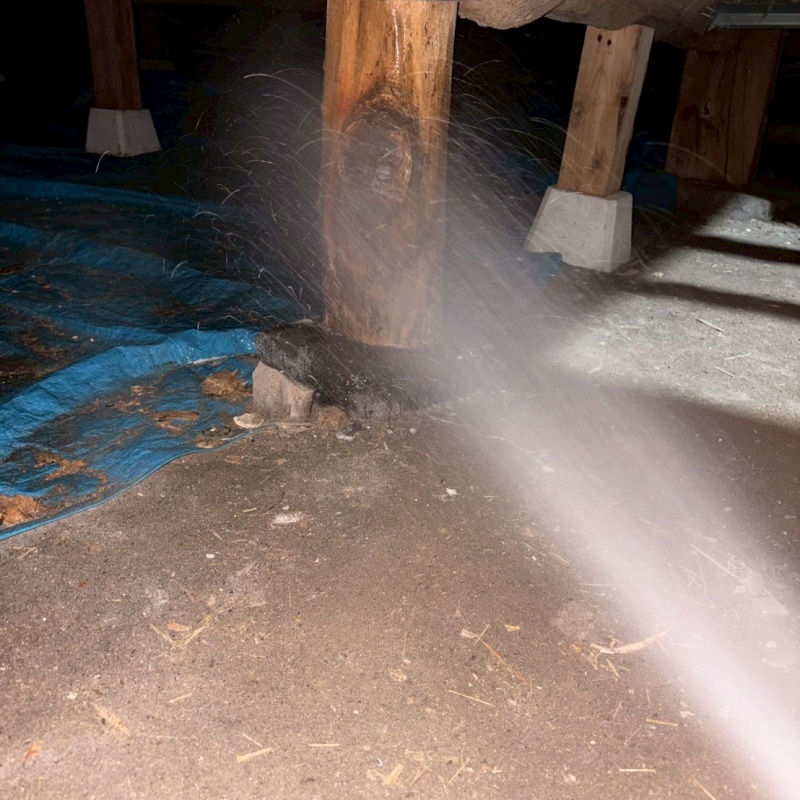 束柱にシロアリ駆除剤を散布