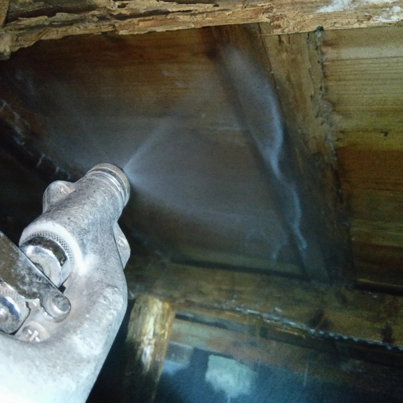 床下の木材にシロアリ駆除剤を散布