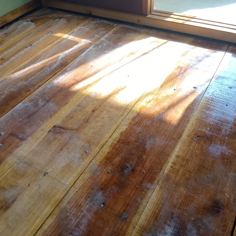 床にシロアリ駆除剤を散布