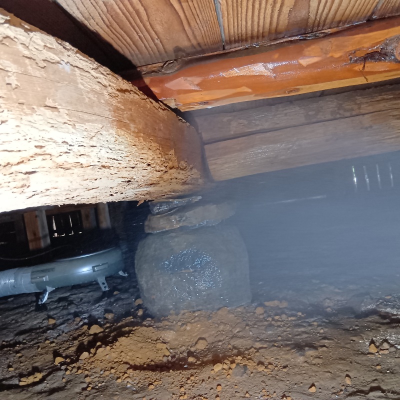 束石まわりにシロアリ駆除剤を吹きつけている様子