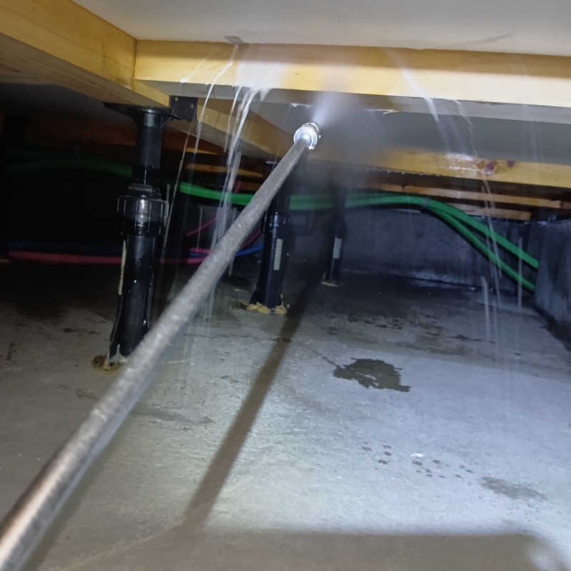 床下木材に防蟻剤を散布している様子