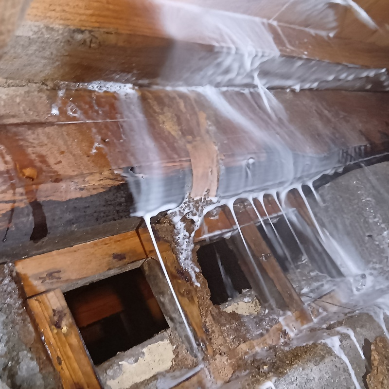 床下の木材にシロアリ駆除剤を散布