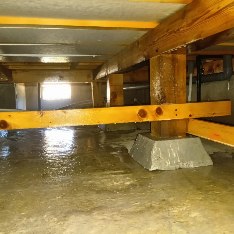 床下の木材にまんべんなくシロアリ駆除剤を散布