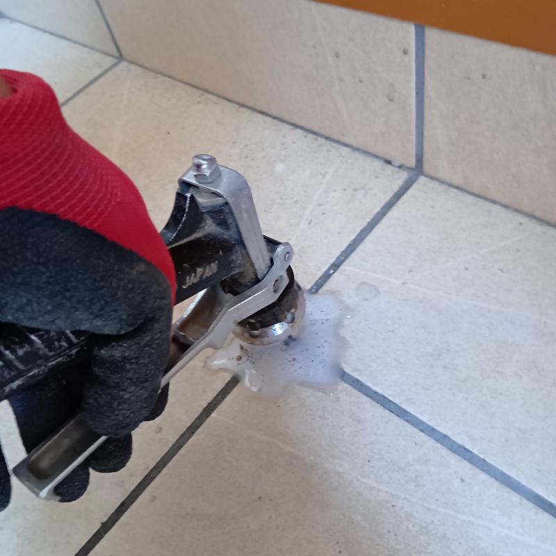 床タイルの目地から防蟻剤を注入