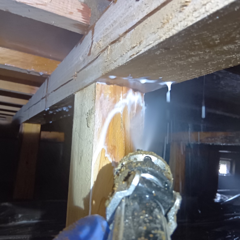 床下の木材にシロアリ駆除剤を吹きつけている様子