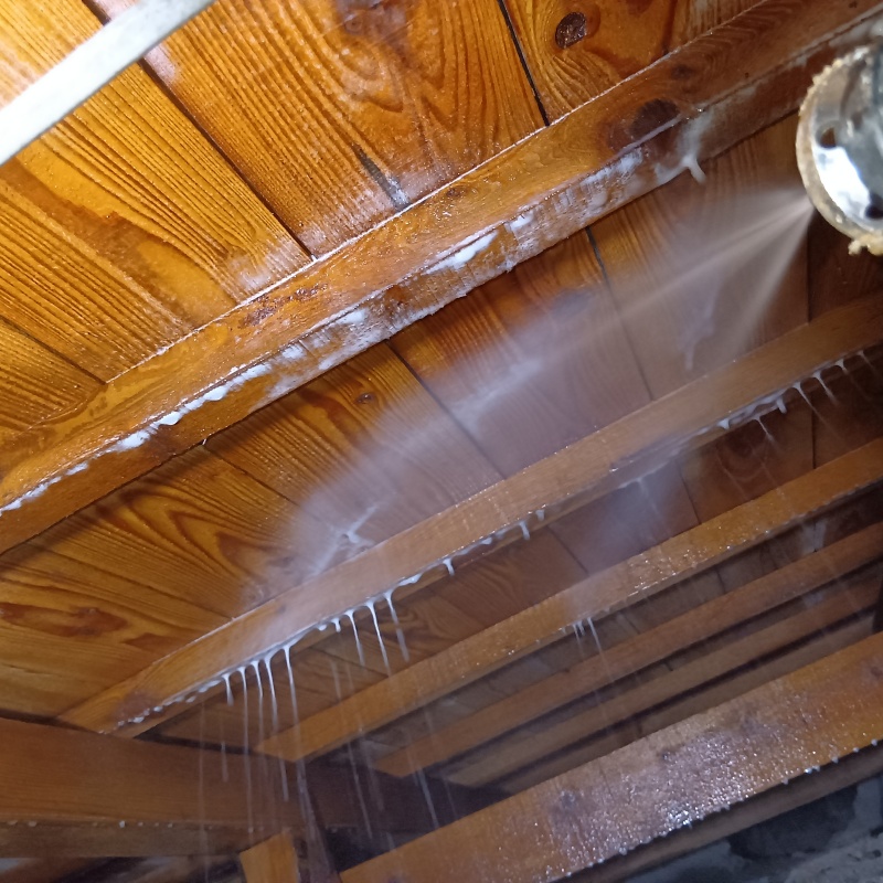 床下の木材に防蟻剤を散布している様子