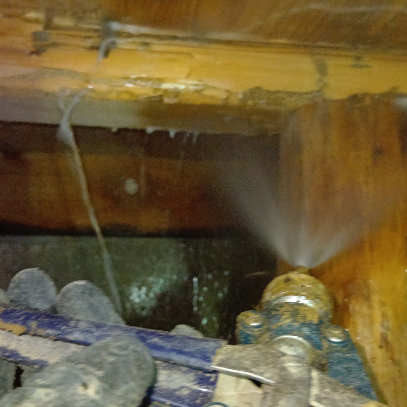 床下の木材にシロアリ駆除剤を散布している様子