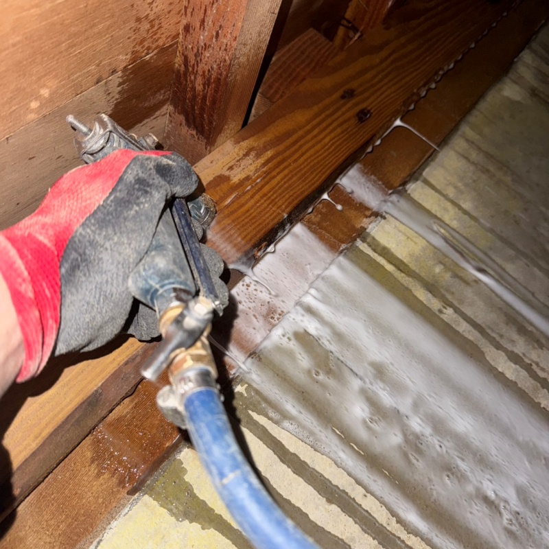 床下木材にシロアリ駆除剤を散布している様子