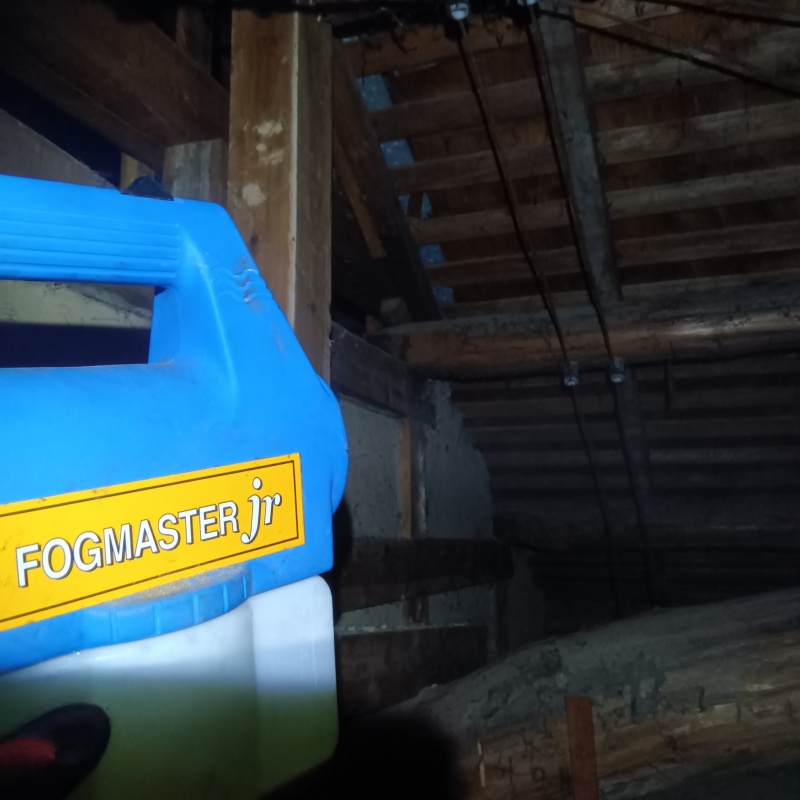 屋根裏に噴霧器で除菌剤を散布