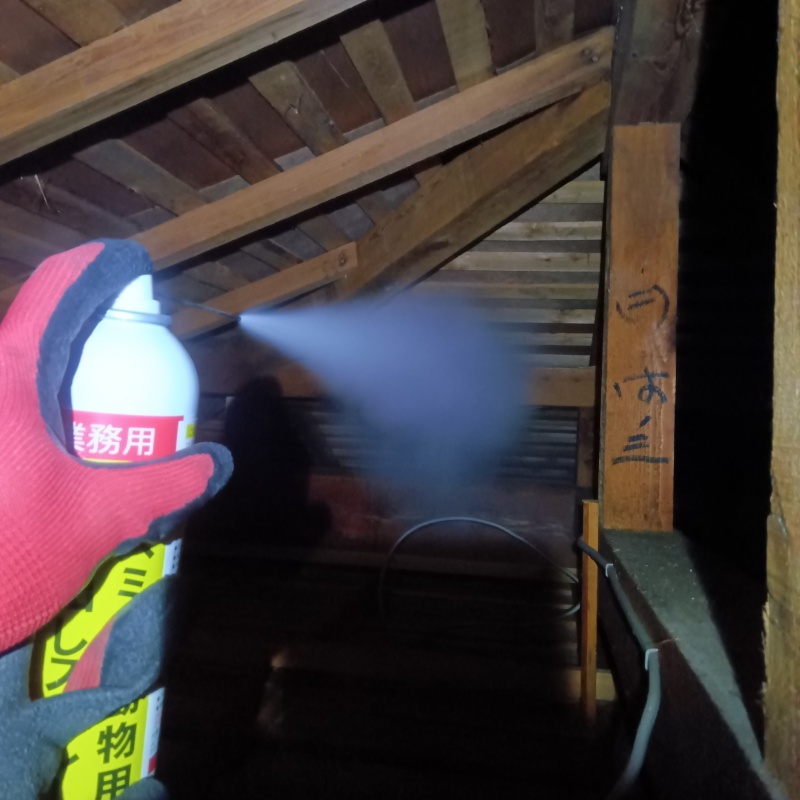 屋根裏に忌避剤をスプレー