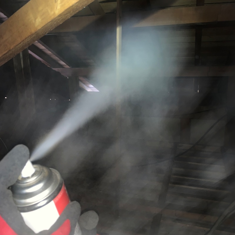 屋根裏に殺虫剤をスプレー