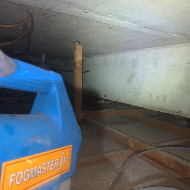 清掃後に噴霧器で除菌剤を散布