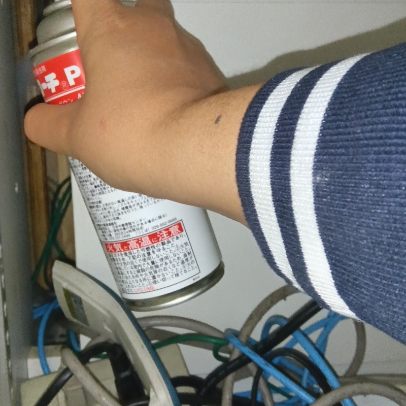配線まわりに殺虫剤をスプレー