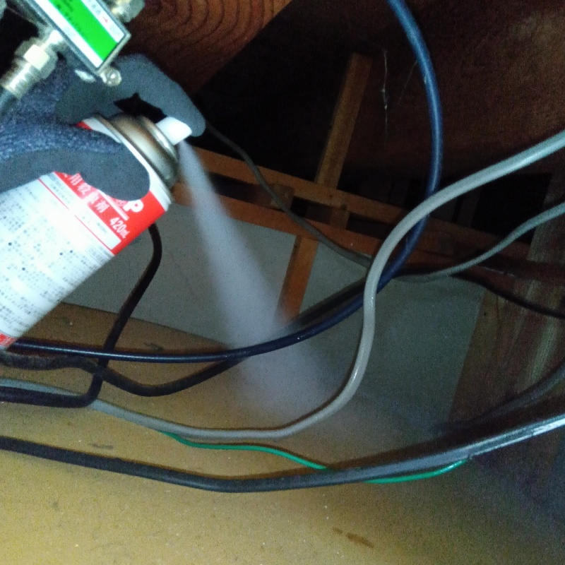 天井裏に殺虫剤をスプレー