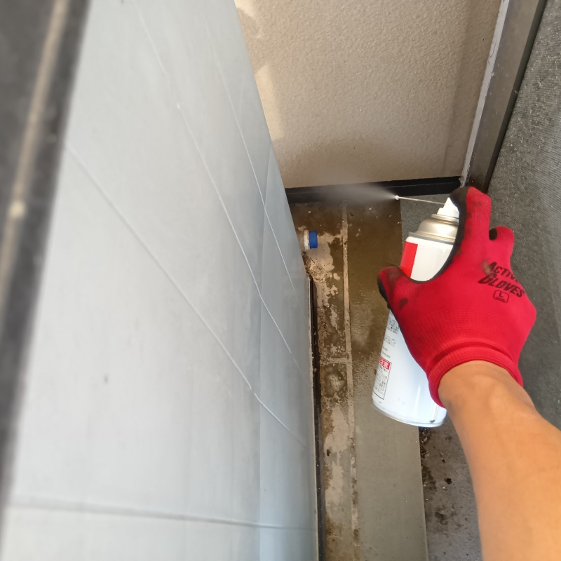 地面に殺虫剤をスプレー