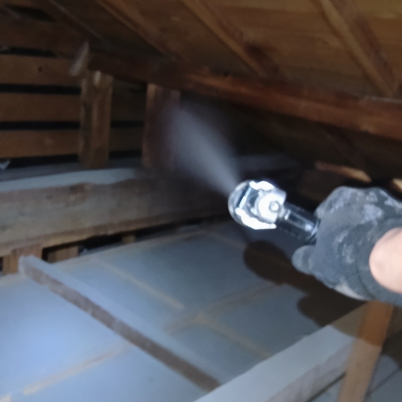 屋根裏の木材にシロアリ駆除剤を吹き付けている様子