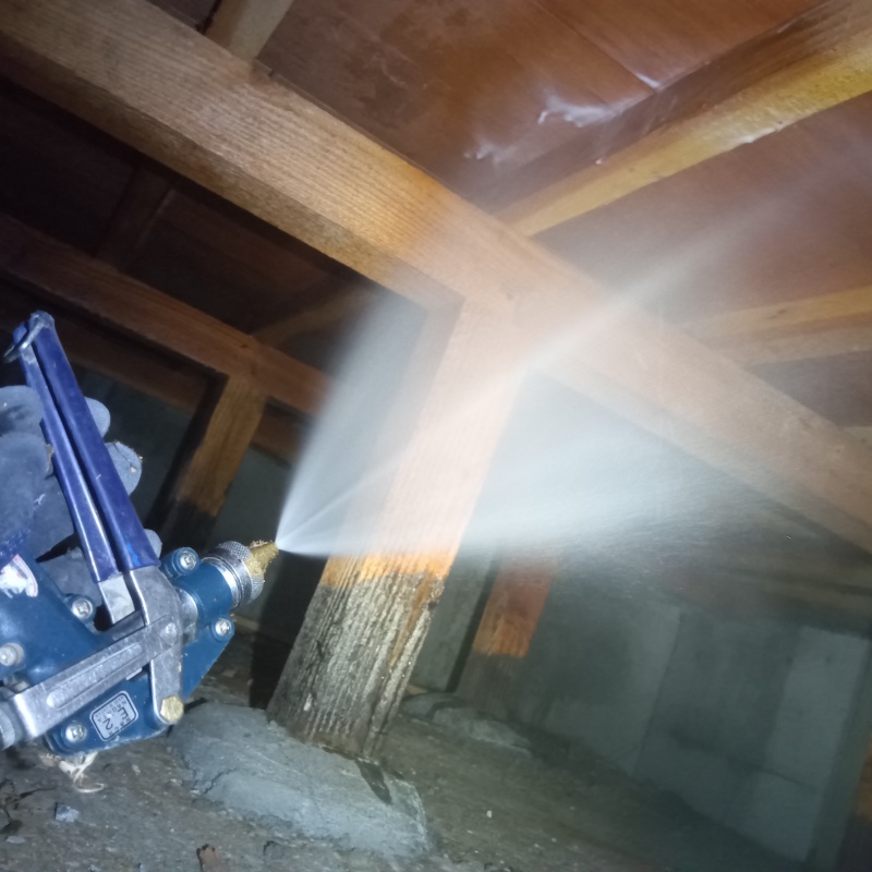 床下木材に防蟻剤を散布する様子