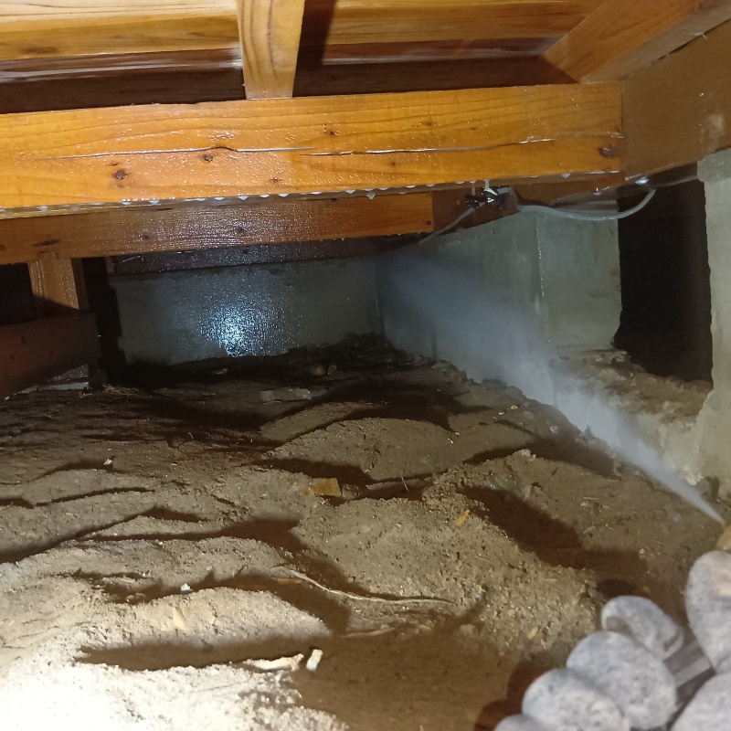 床下基礎のコンクリートに防蟻剤を吹き付けている様子