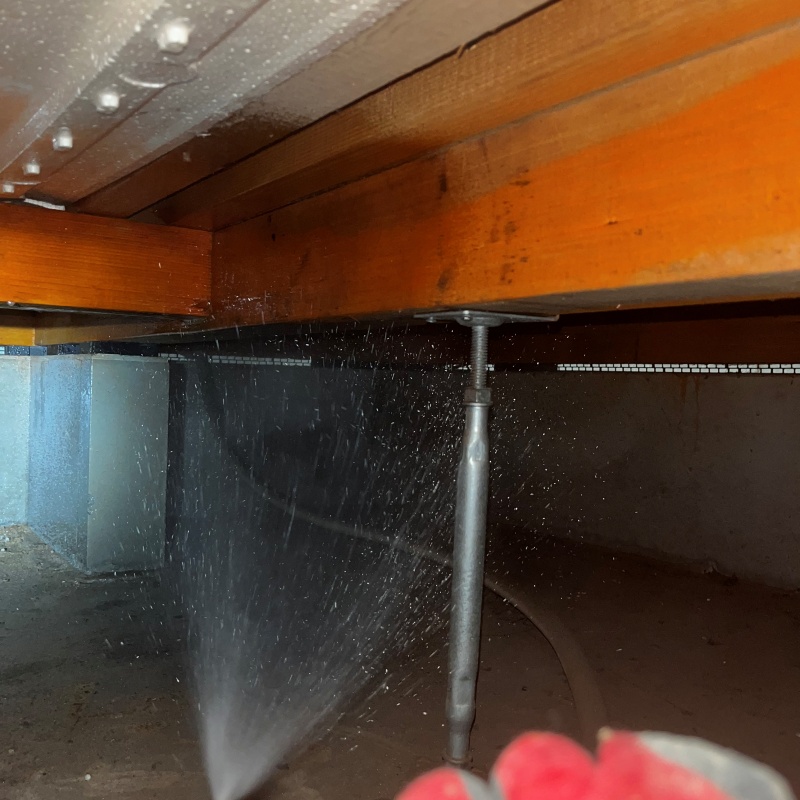 鋼製の床束と木材が接する部分にシロアリ駆除剤を散布