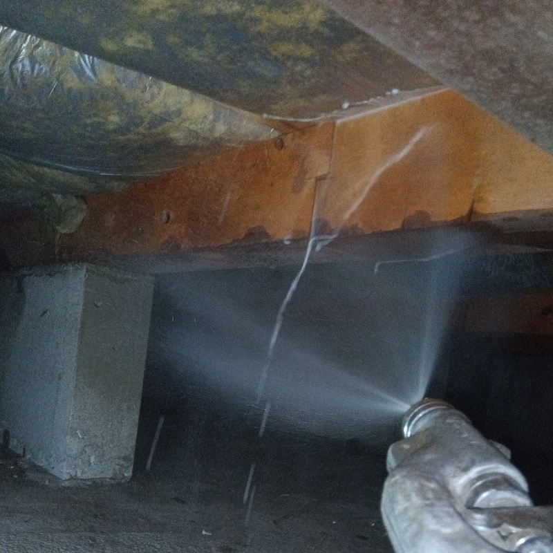 床下木材にシロアリ駆除剤を吹きつける様子