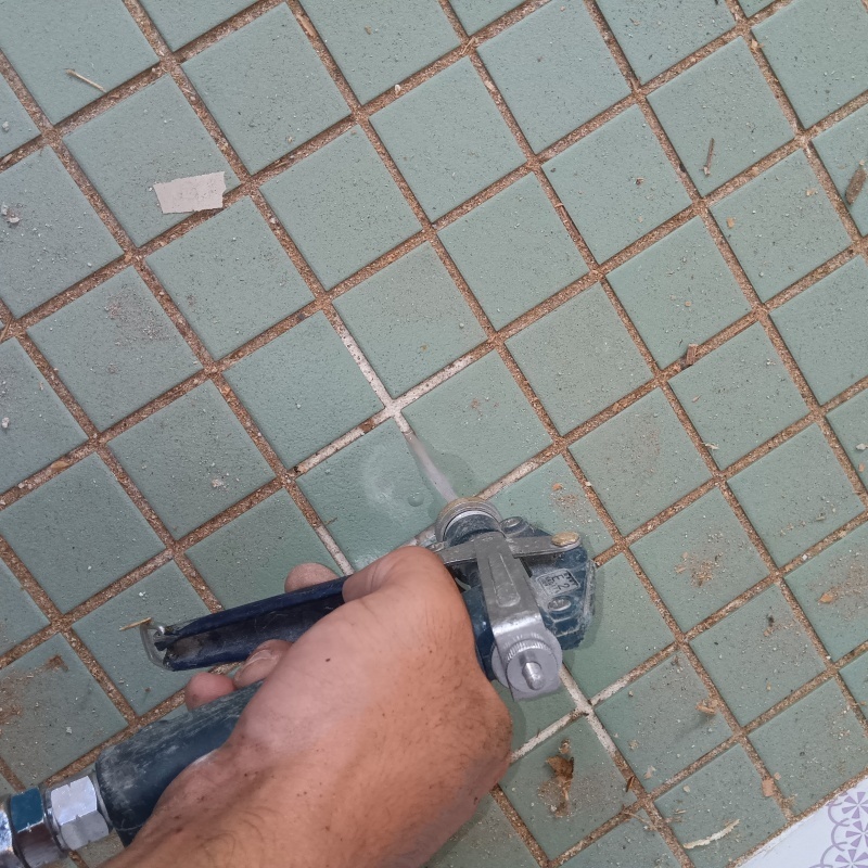 玄関床や浴室の目地にシロアリ駆除剤を注入