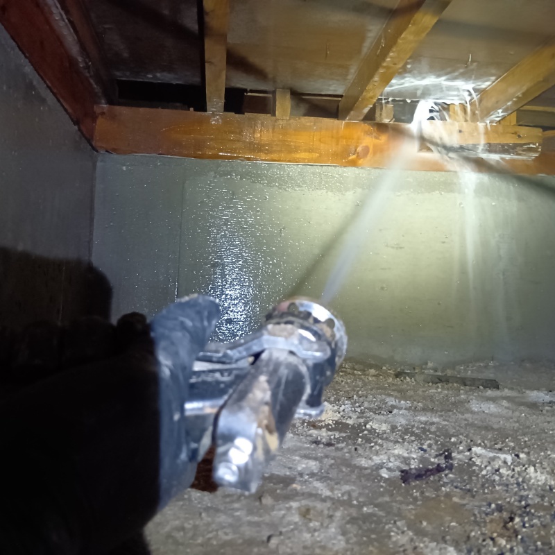 床下木材にシロアリ駆除剤を吹き付けている様子