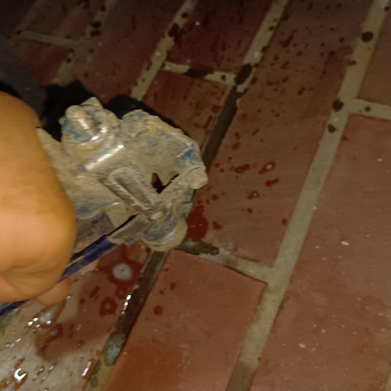 玄関床の目地からシロアリ駆除剤を注入