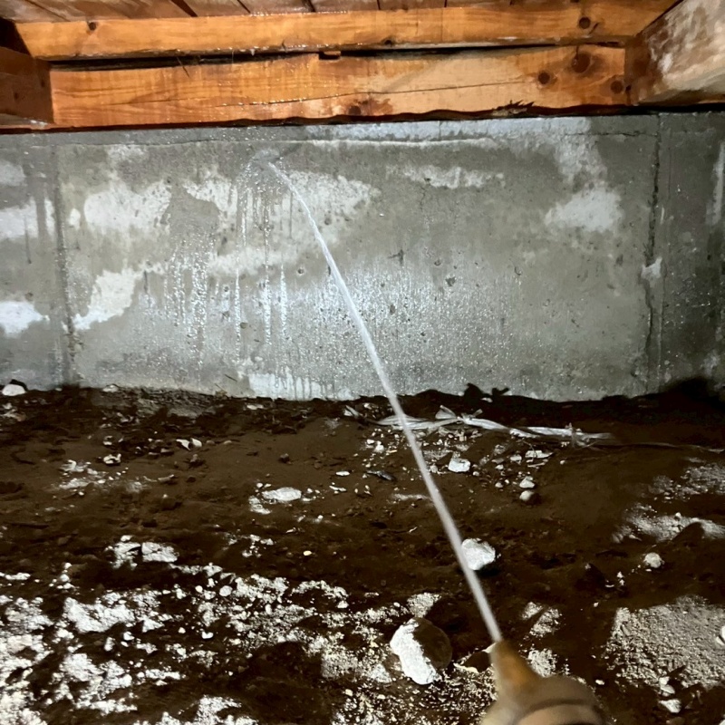 基礎にシロアリ駆除剤を吹き付ける様子