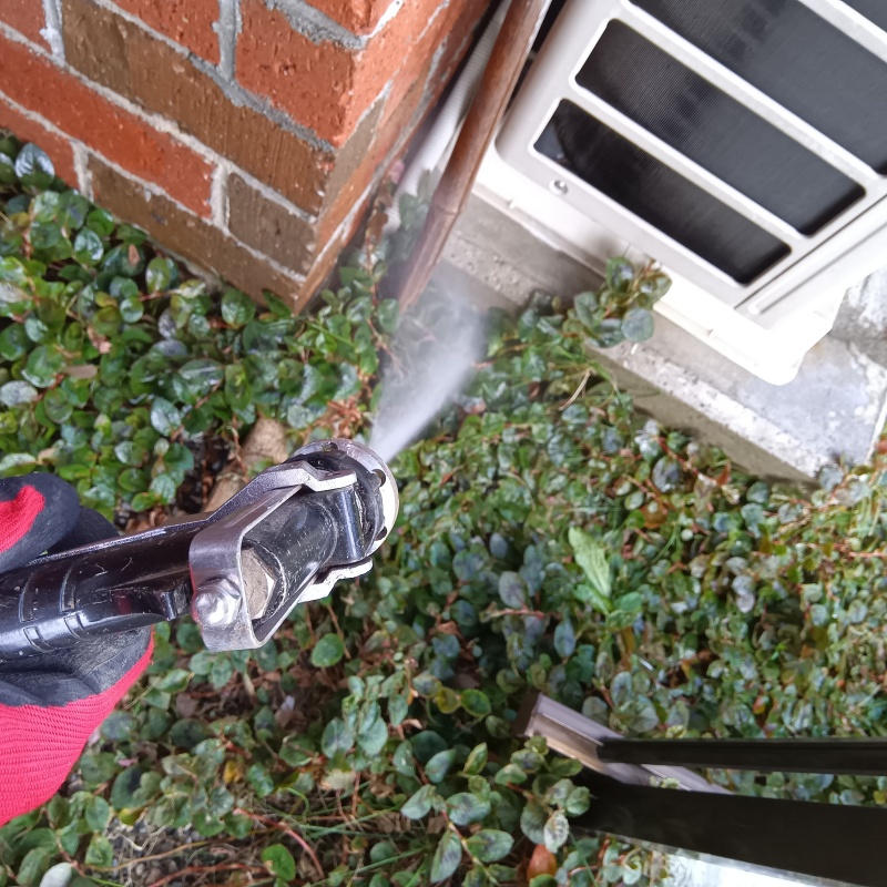 屋外の地面にシロアリ駆除剤を散布