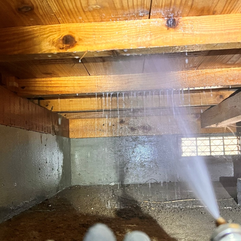 床下の木材にシロアリ駆除剤を散布