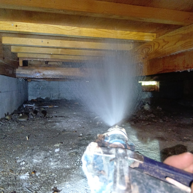 床下の木材にシロアリ駆除剤を散布