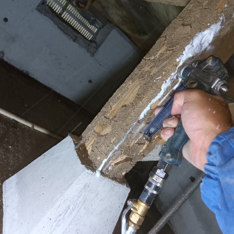 食害を受けた柱にシロアリ駆除剤を注入