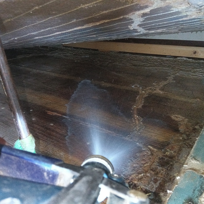 腐食した床板にシロアリ駆除剤を散布