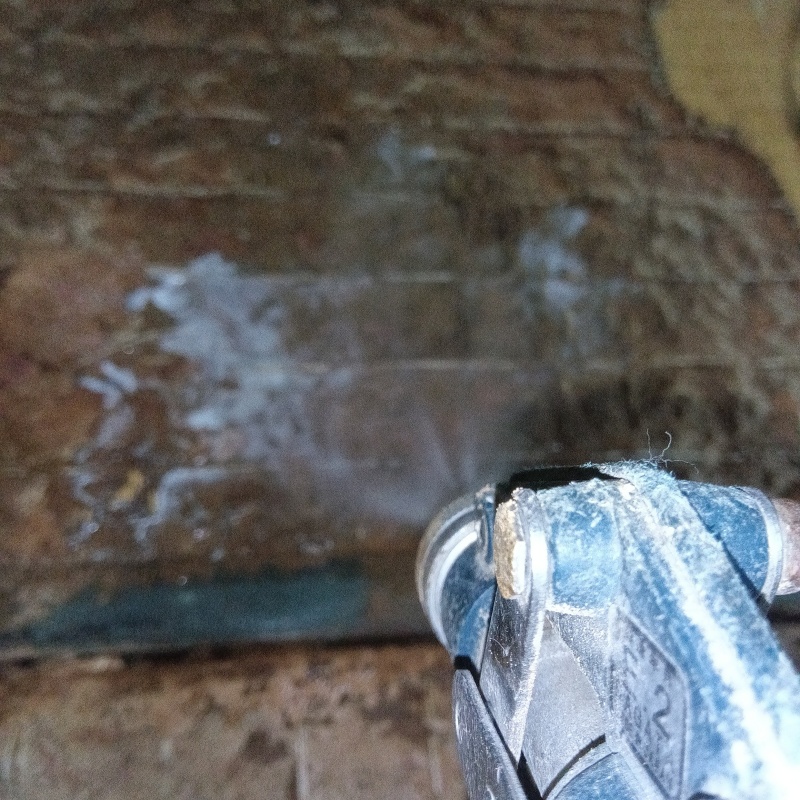 腐食した床板にシロアリ駆除剤を散布