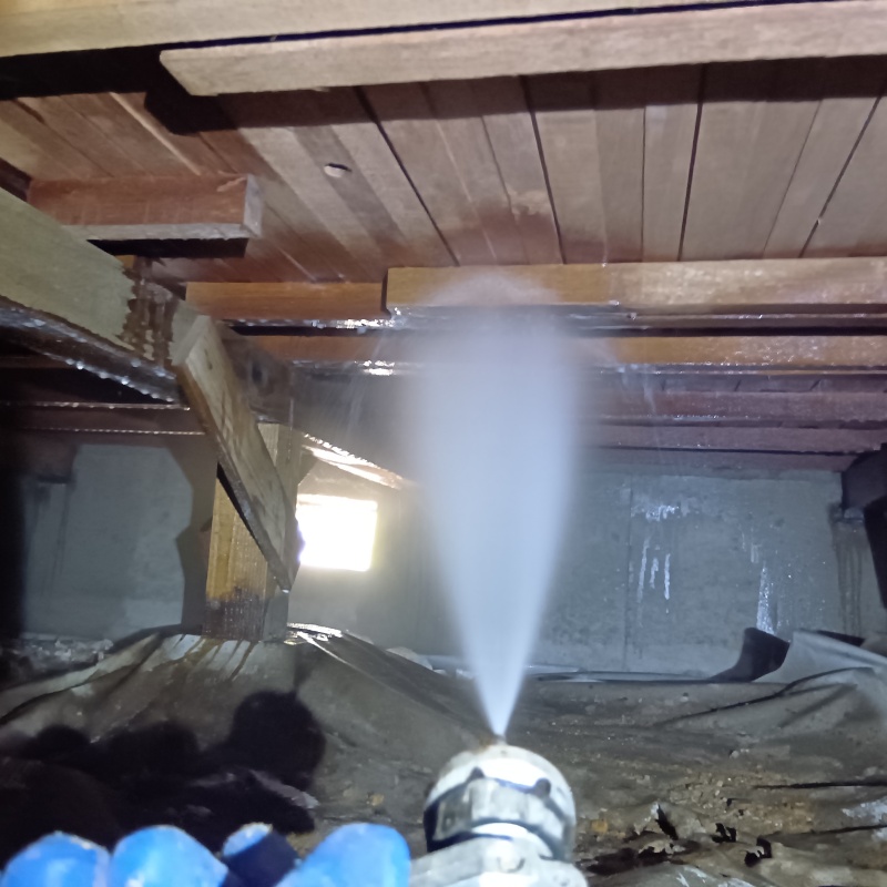 床下の木材にシロアリ駆除剤を散布