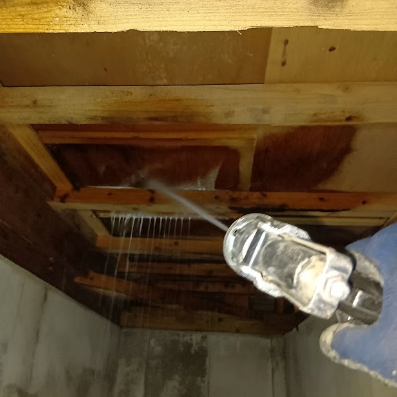 床下の木材にシロアリ駆除剤を散布